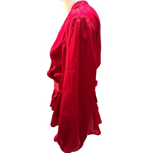 A Calin Red Wrap Blouse Small Flying Tomato Tie Waist Puff Sleeve Peplum Top Sm - Picture 3 of 10